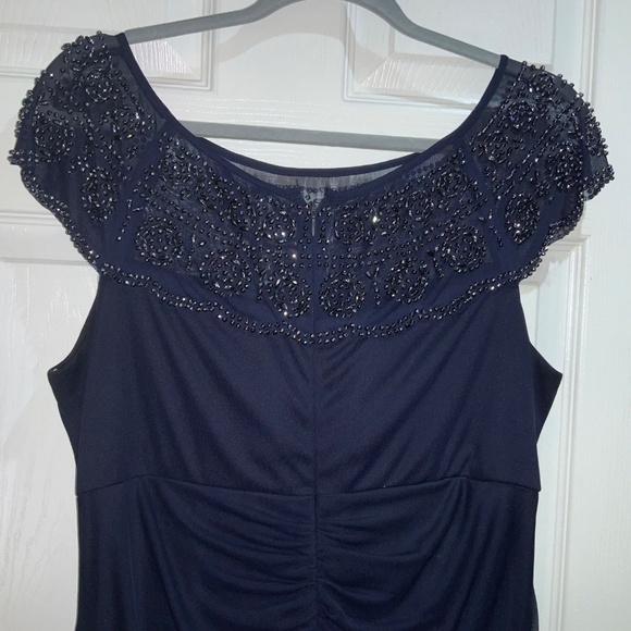MSK navy beaded full length sleeveless formal dress Sz 14 ruching side ruffle - Picture 9 of 13
